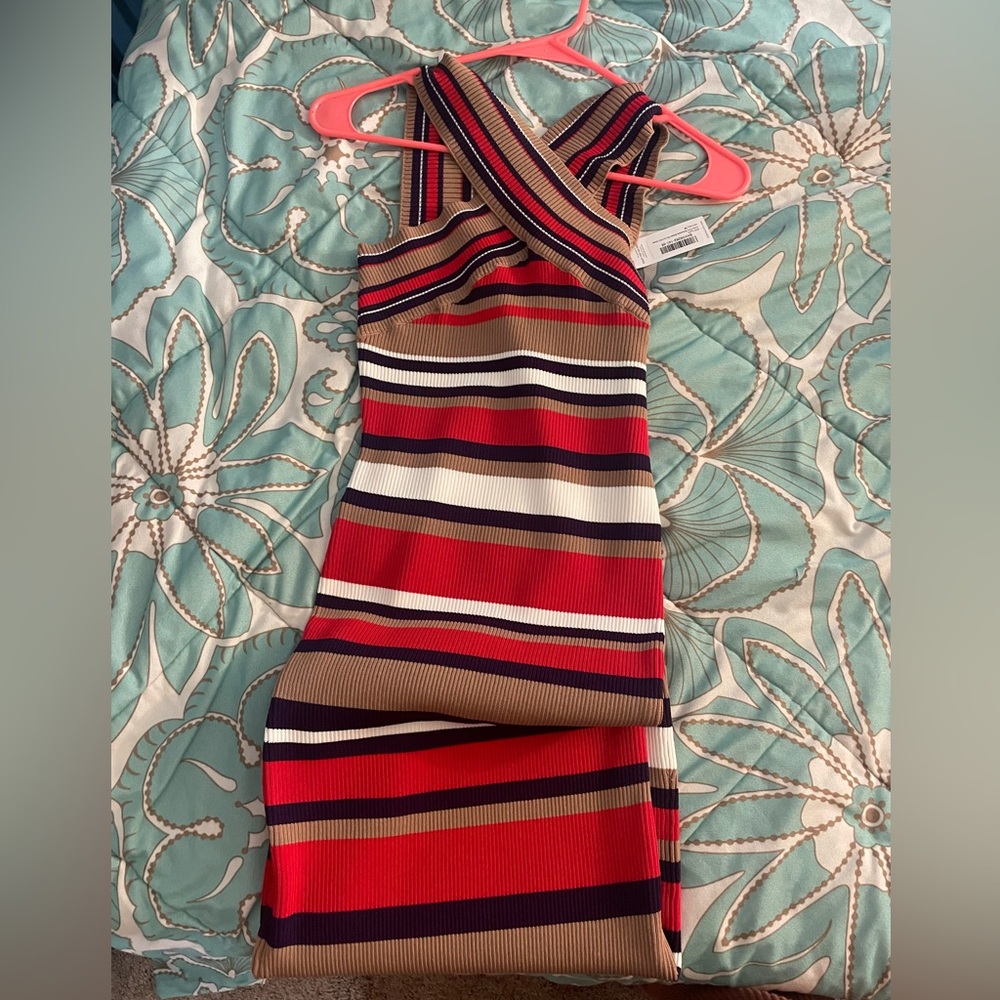 Karen Millen Stripe Cross Front Sleeveless Rib Knit Dress - Picture 3 of 7
